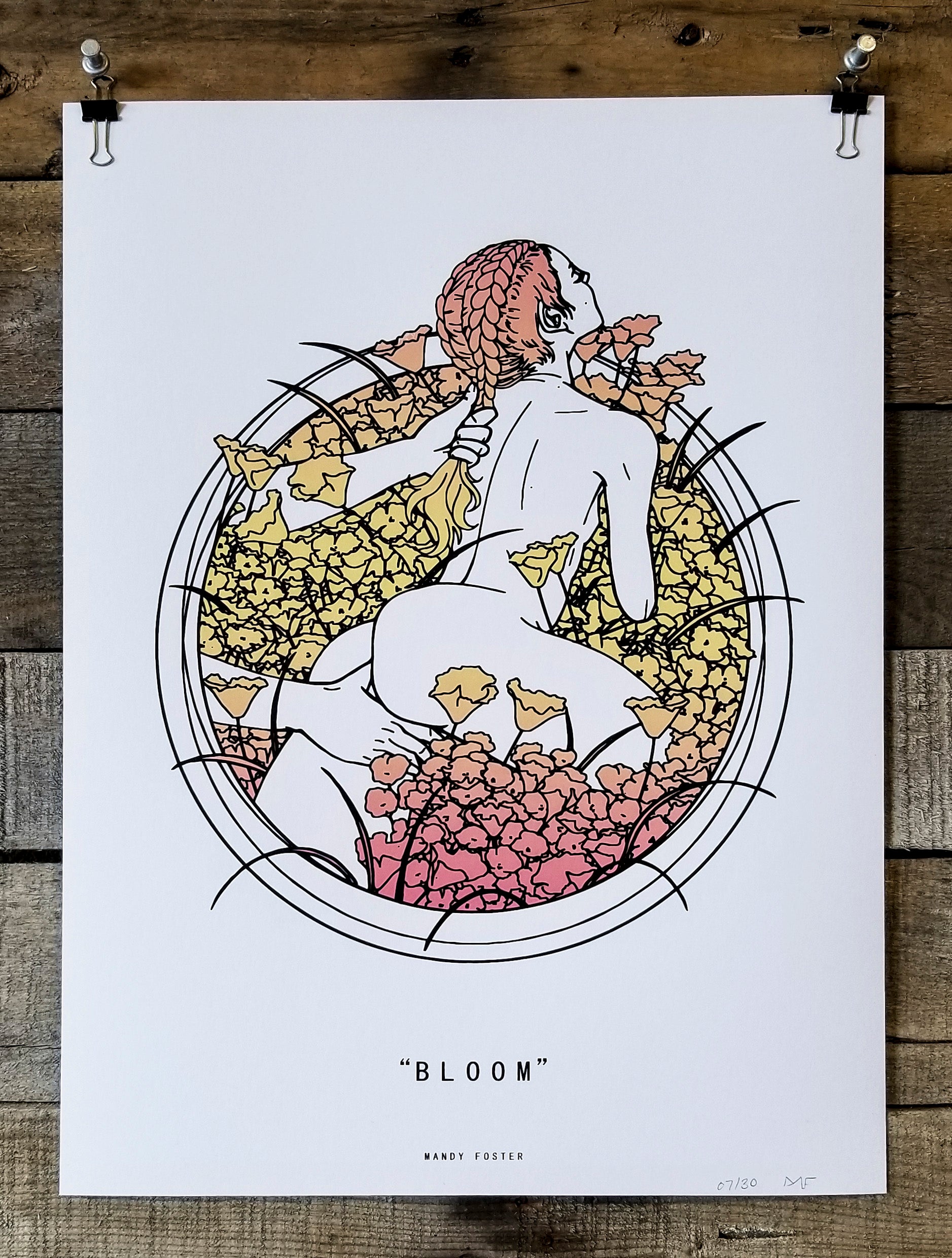 A screen print designed by Mandy Foster of a woman in a field of flowers