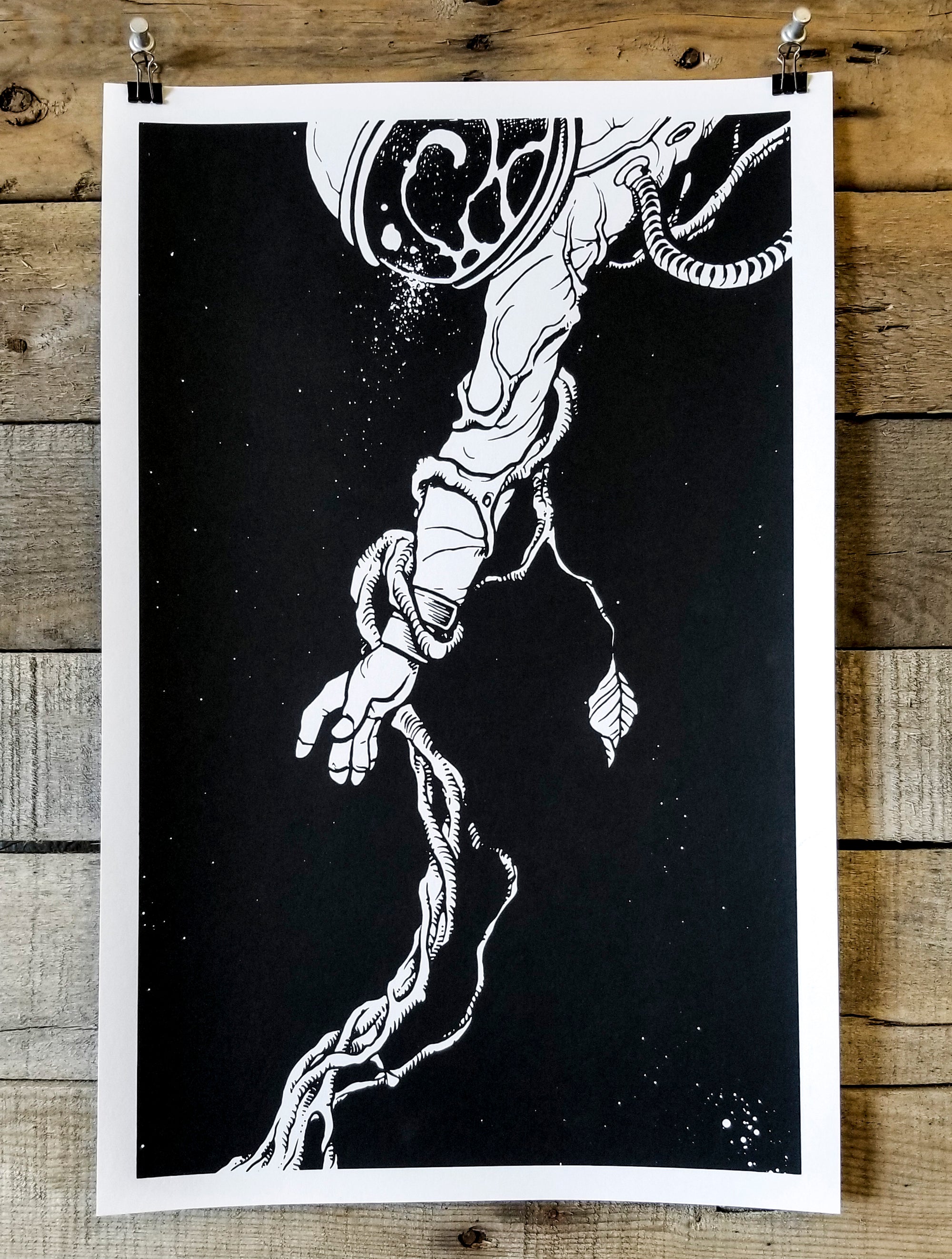 Black & White screen print by Brandon Stewart of an astronaut 