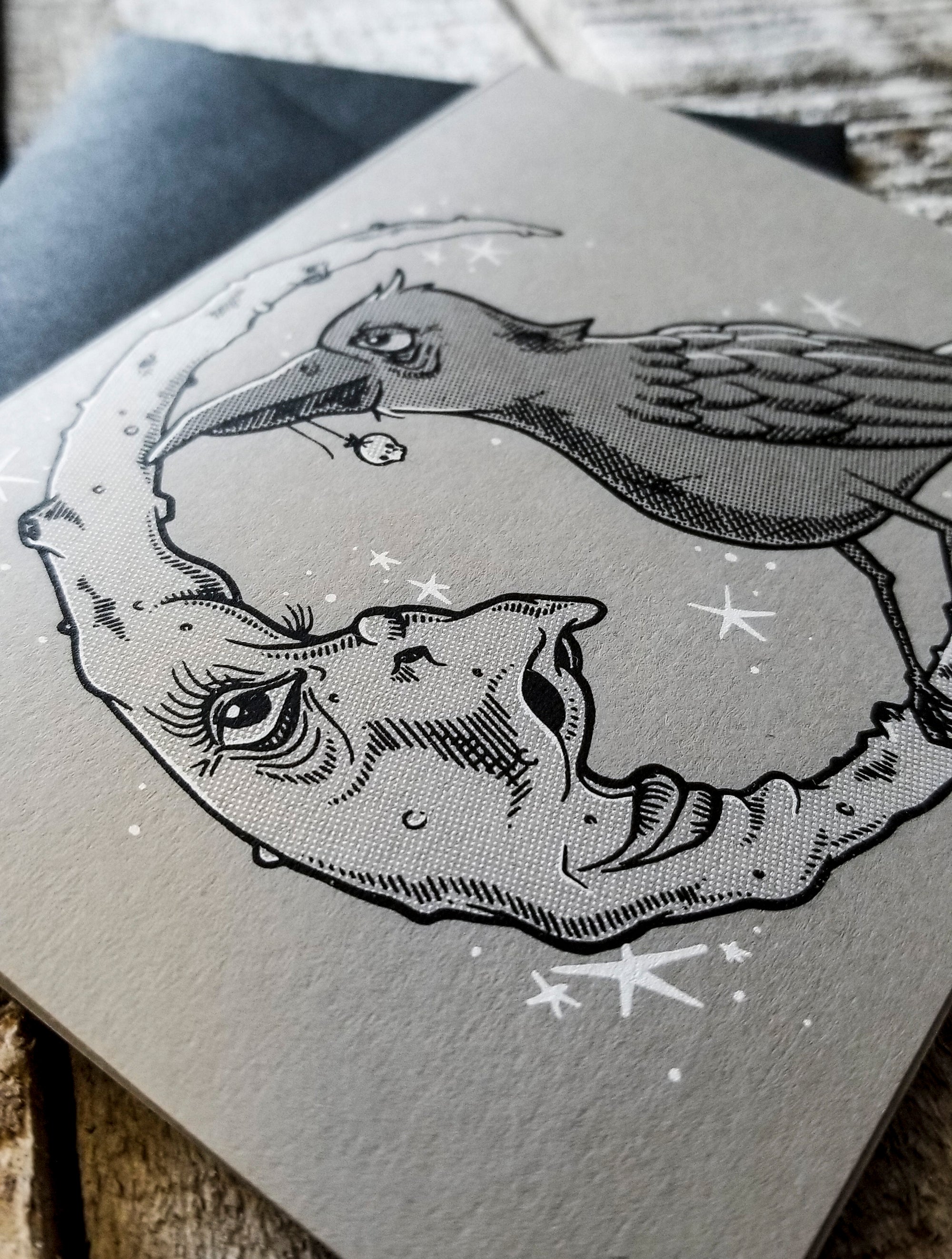 Screen printed greeting card of a raven and the moon by Nicole Thompson aka Nicole Gress