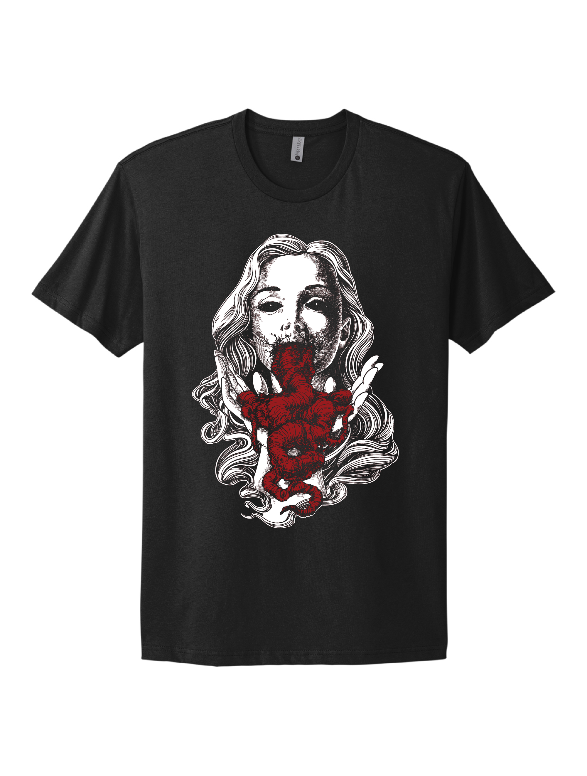 Black and white portrait of woman with red intestines emerging from her mouth by Brandon Stewart, printed on a black short sleeve t- shirt.