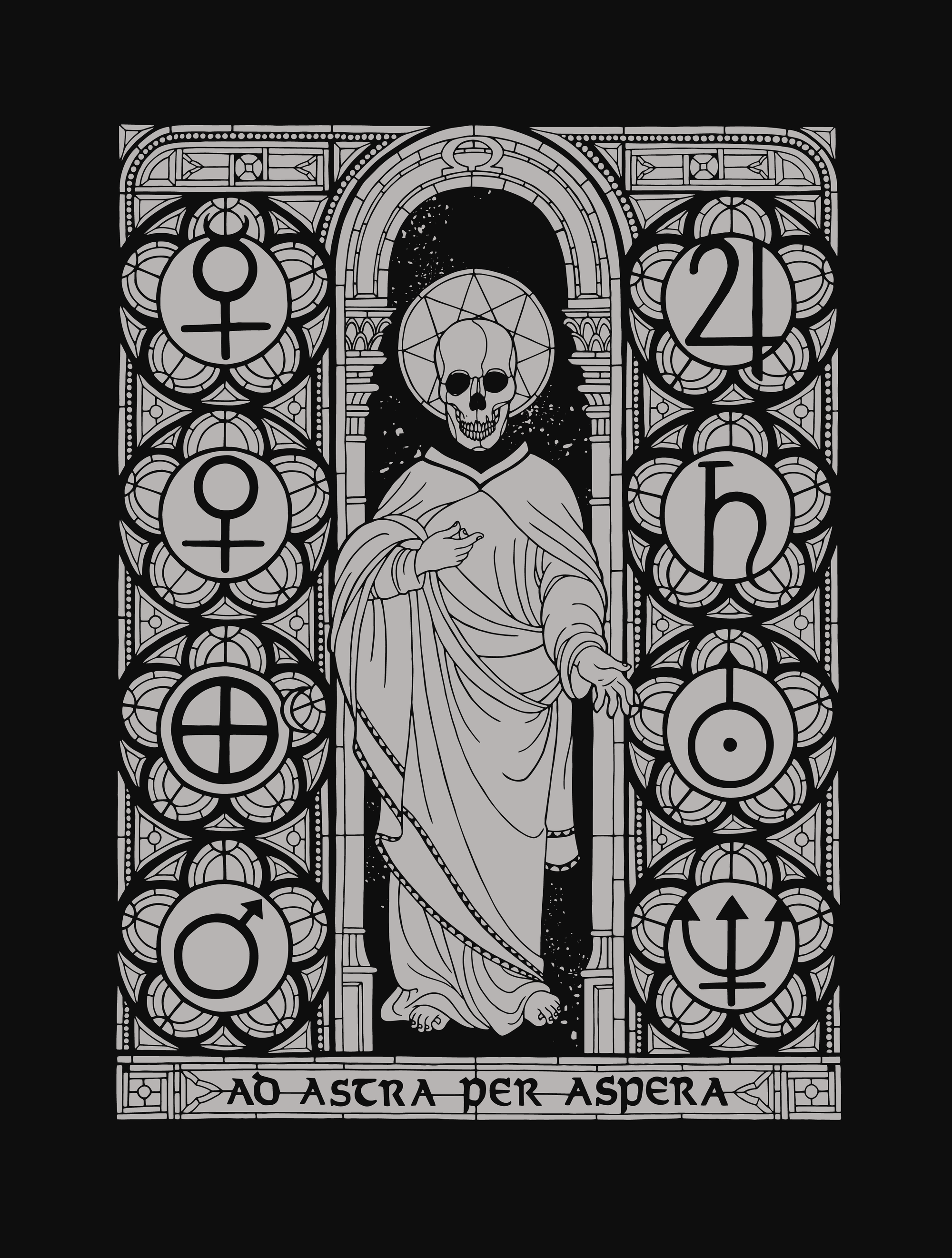 Skeleton in medieval robe surrounded by astrological glyphs in grey by Brandon Stewart, on a black background