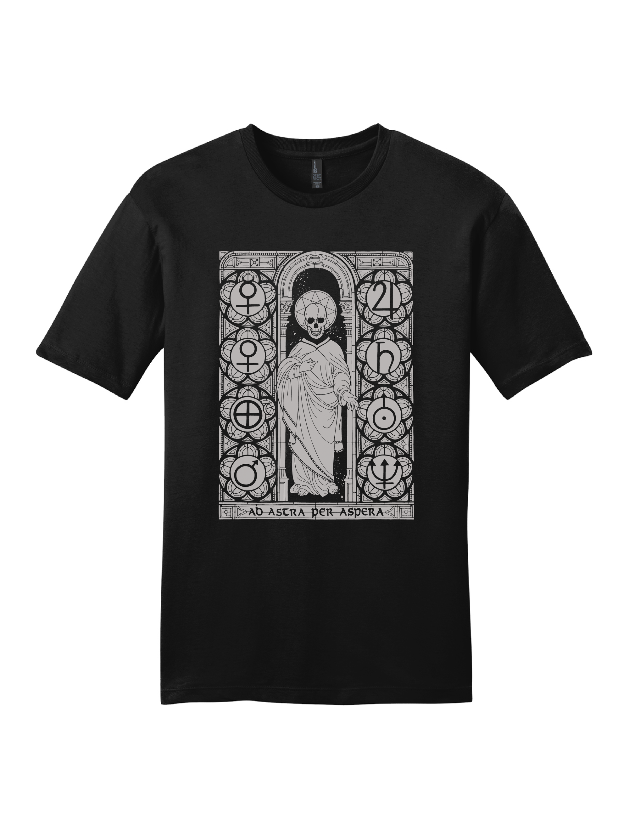 Skeleton in medieval robe surrounded by astrological glyphs in grey by Brandon Stewart, on a black short sleeve tee
