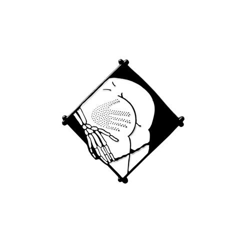 Black square enamel pin of skeletal hand leaving print on bare bottom. Image in white.
