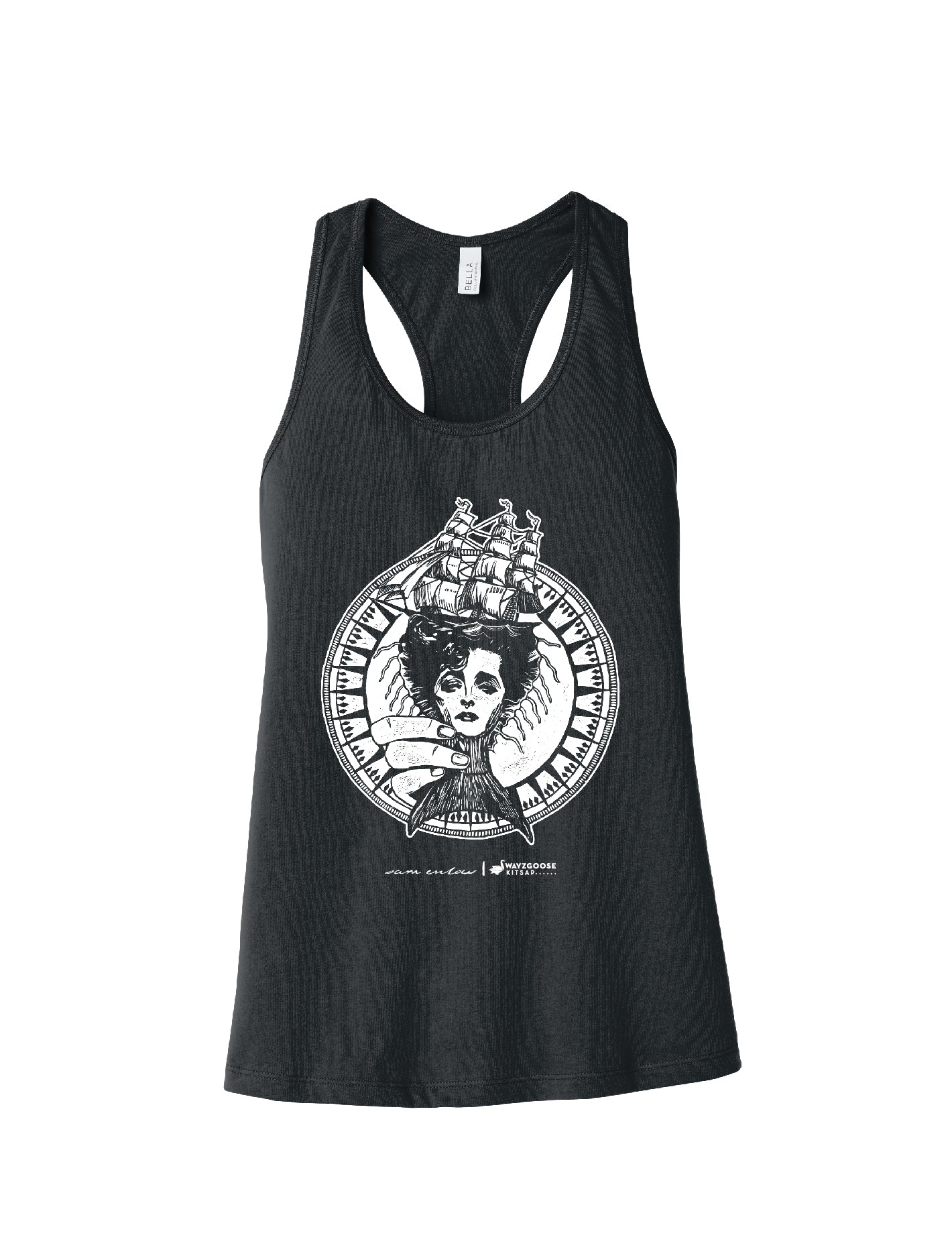 Illustration of classical nautical themes in white ink on a grey racerback tank. Art by Sam Enlow.